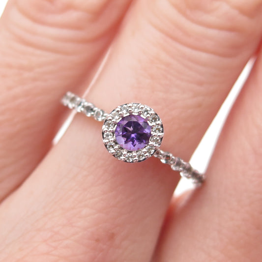 925 Sterling Silver Real Round-Cut Amethyst & White Topaz Ring Size 6.5