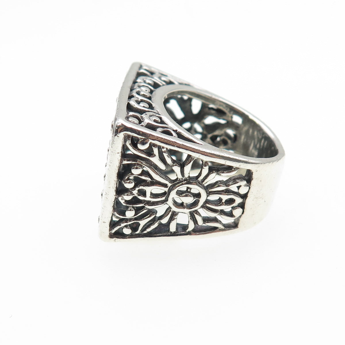 925 Sterling Silver Vintage Modernist Flower Oxidized Ring Size 6.5