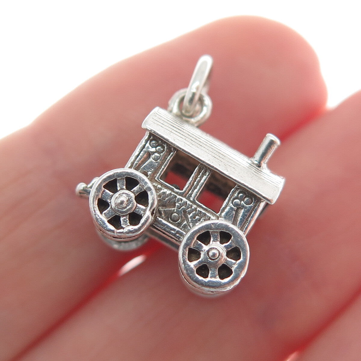 925 Sterling Silver Vintage Carriage Oxidized Minimalist 3D Charm Pendant