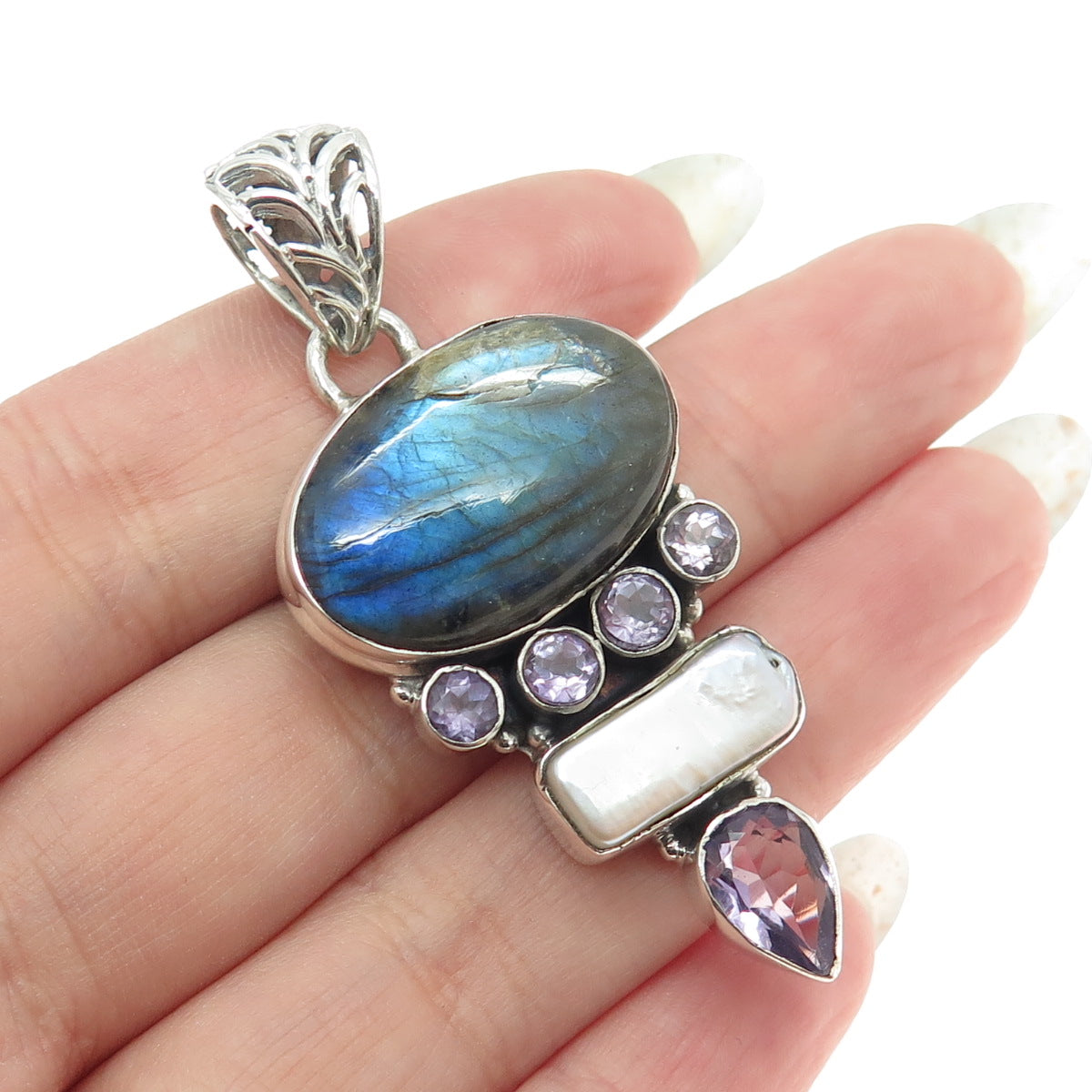 925 Sterling Silver Vintage Real Amethyst Baroque Pearl & Labradorite Pendant