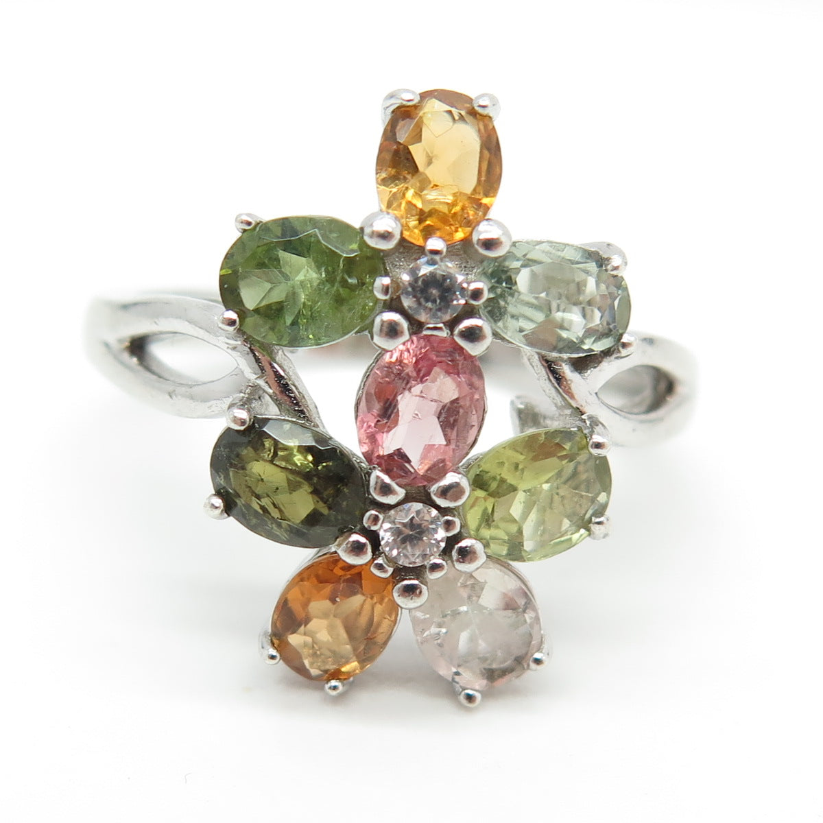 925 Sterling Silver Real Multi-Color Tourmaline & White Topaz Ring Size 9