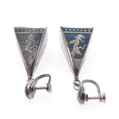 925 Sterling Silver Antique Siam Niello Hindu Goddess Screw Back Dangle Earrings