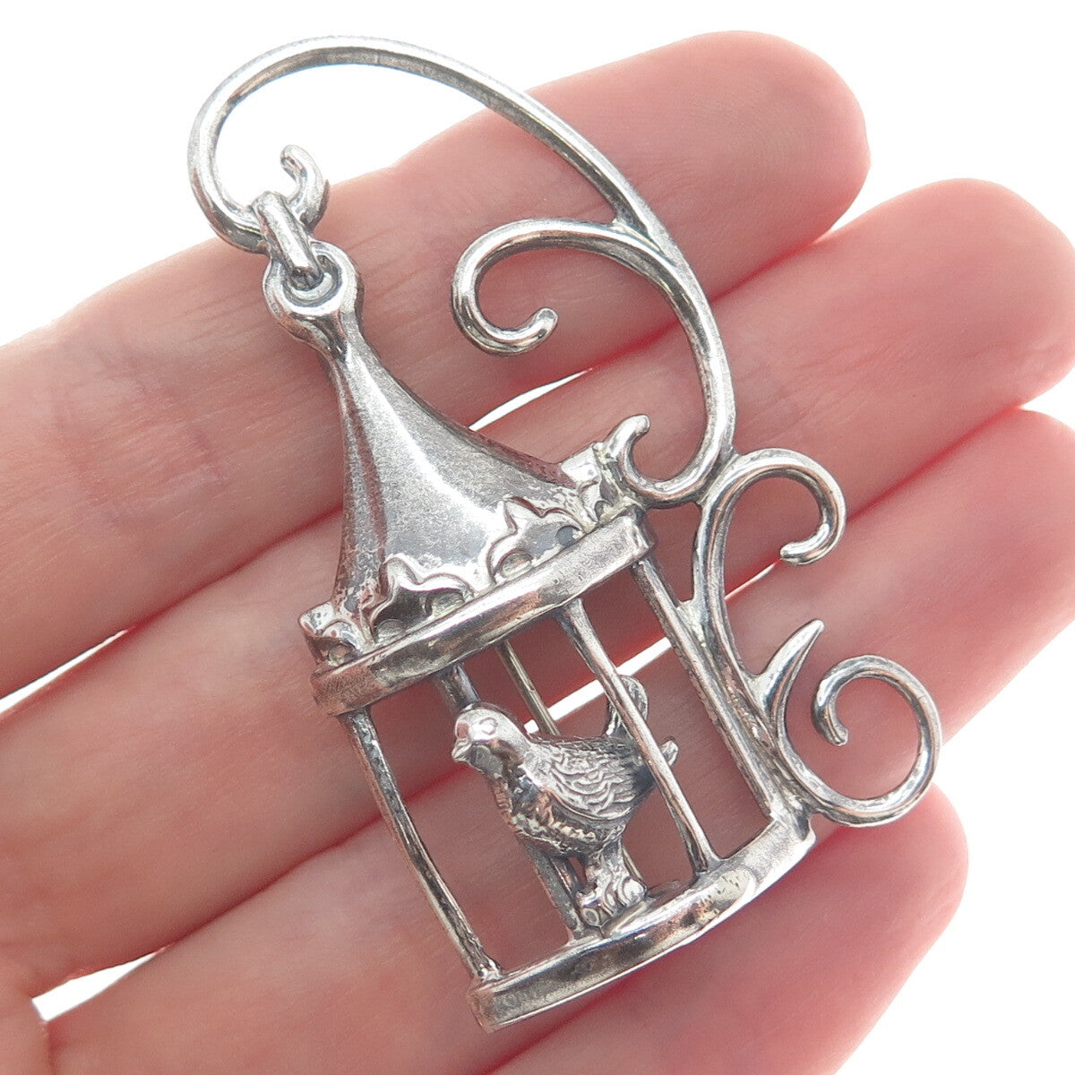 LANG Sterling Silver Antique Art Deco Bird Cage Fleur de Lis Oxidized Pin Brooch