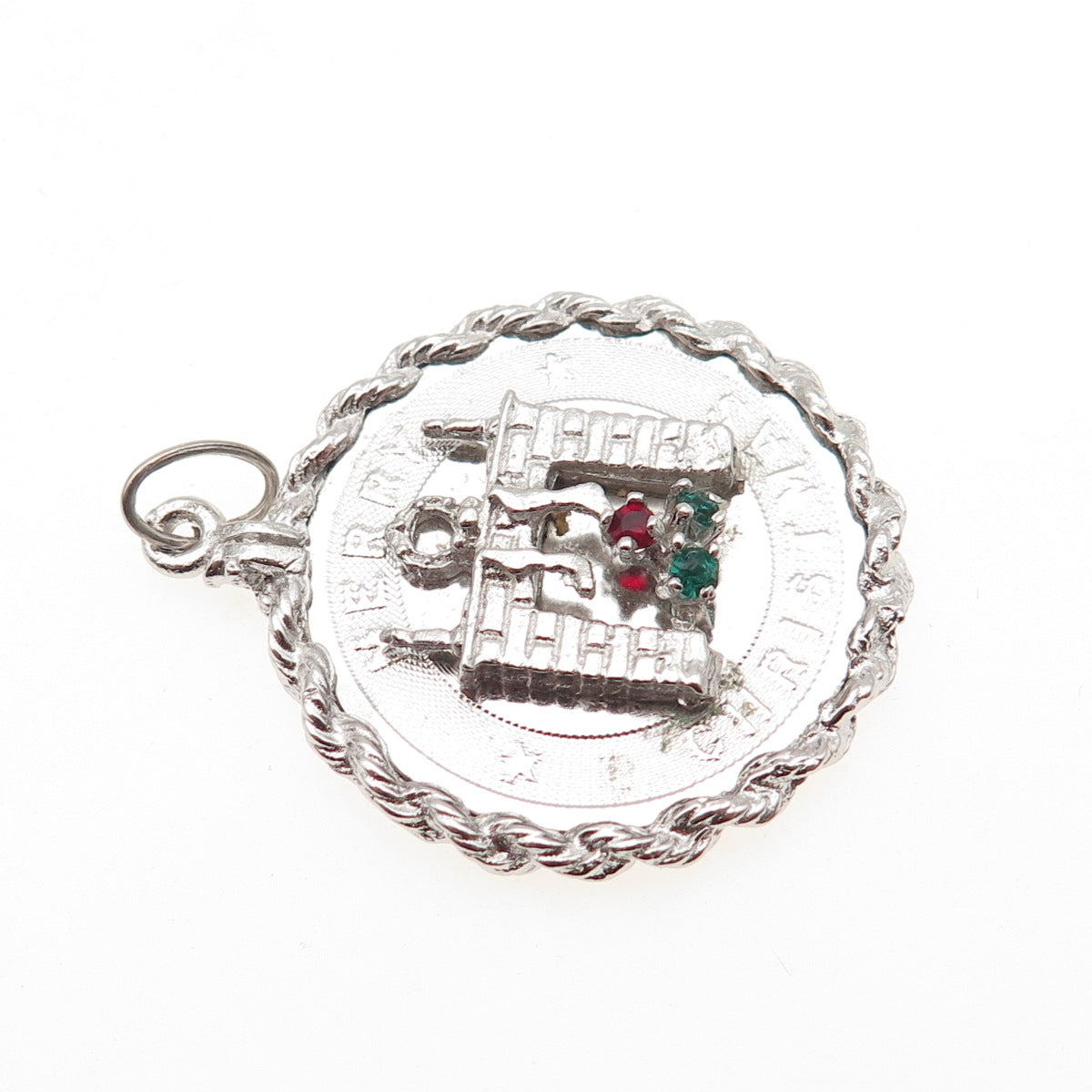 925 Sterling Silver Vintage Rhinestone Merry Christmas Fireplace Charm Pendant