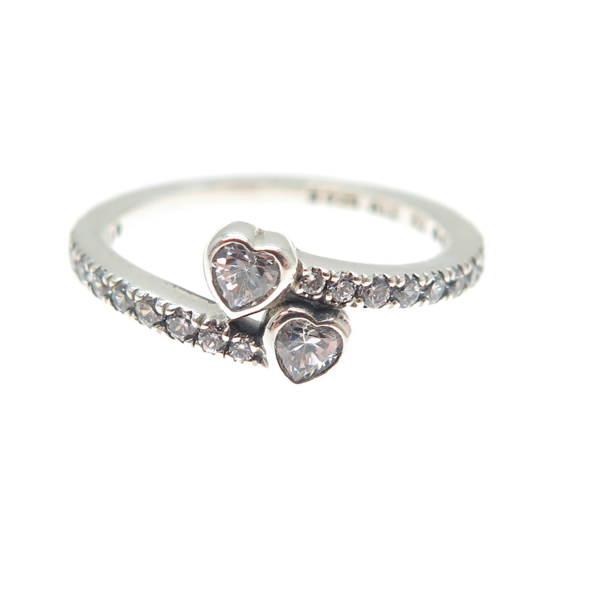 PANDORA 925 Sterling Silver Heart & Round-Cut C Z Bypass Ring Size 6.25