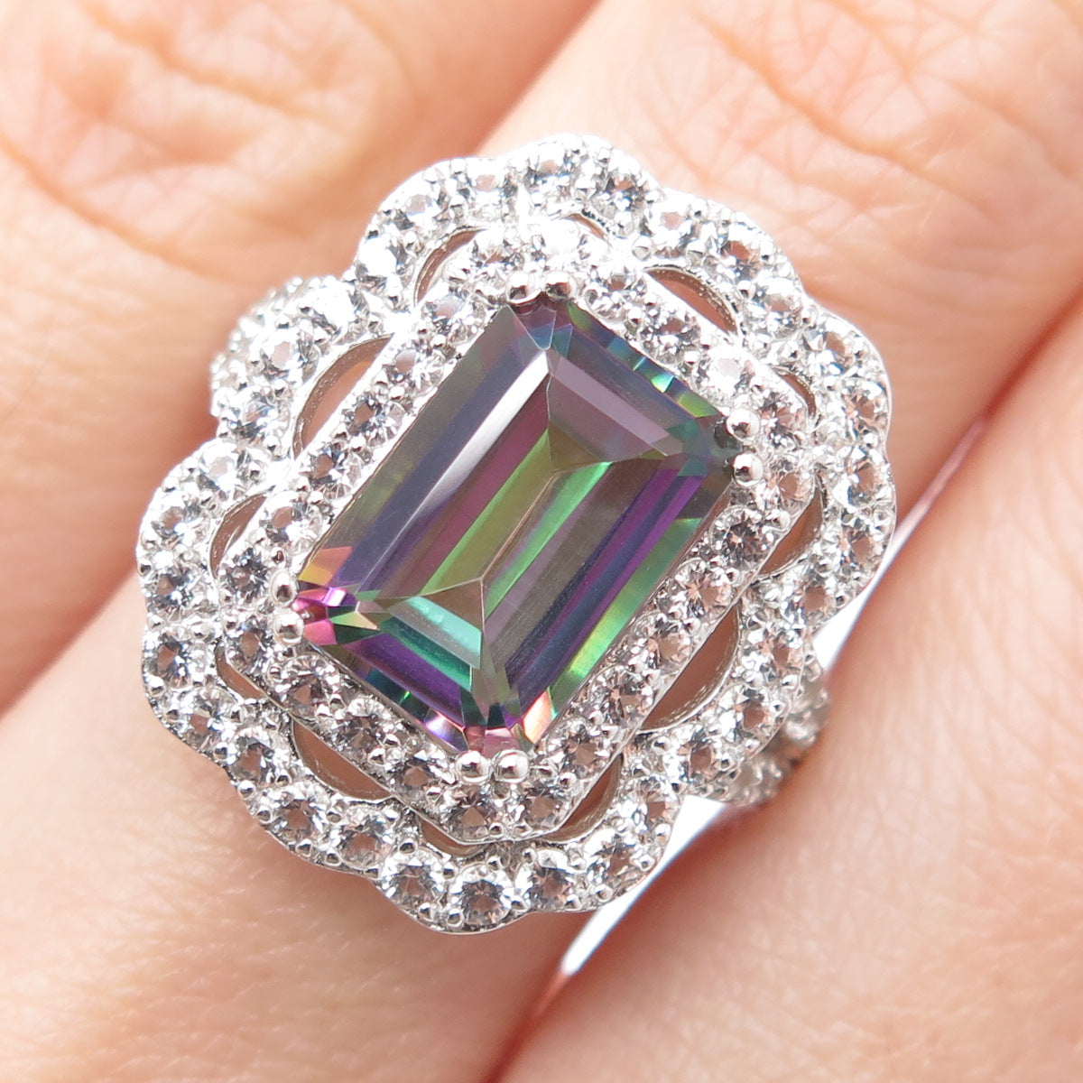 DSMK 925 Sterling Silver Real Mystic Topaz Gem & C Z Sparkle Ring Size 7.25