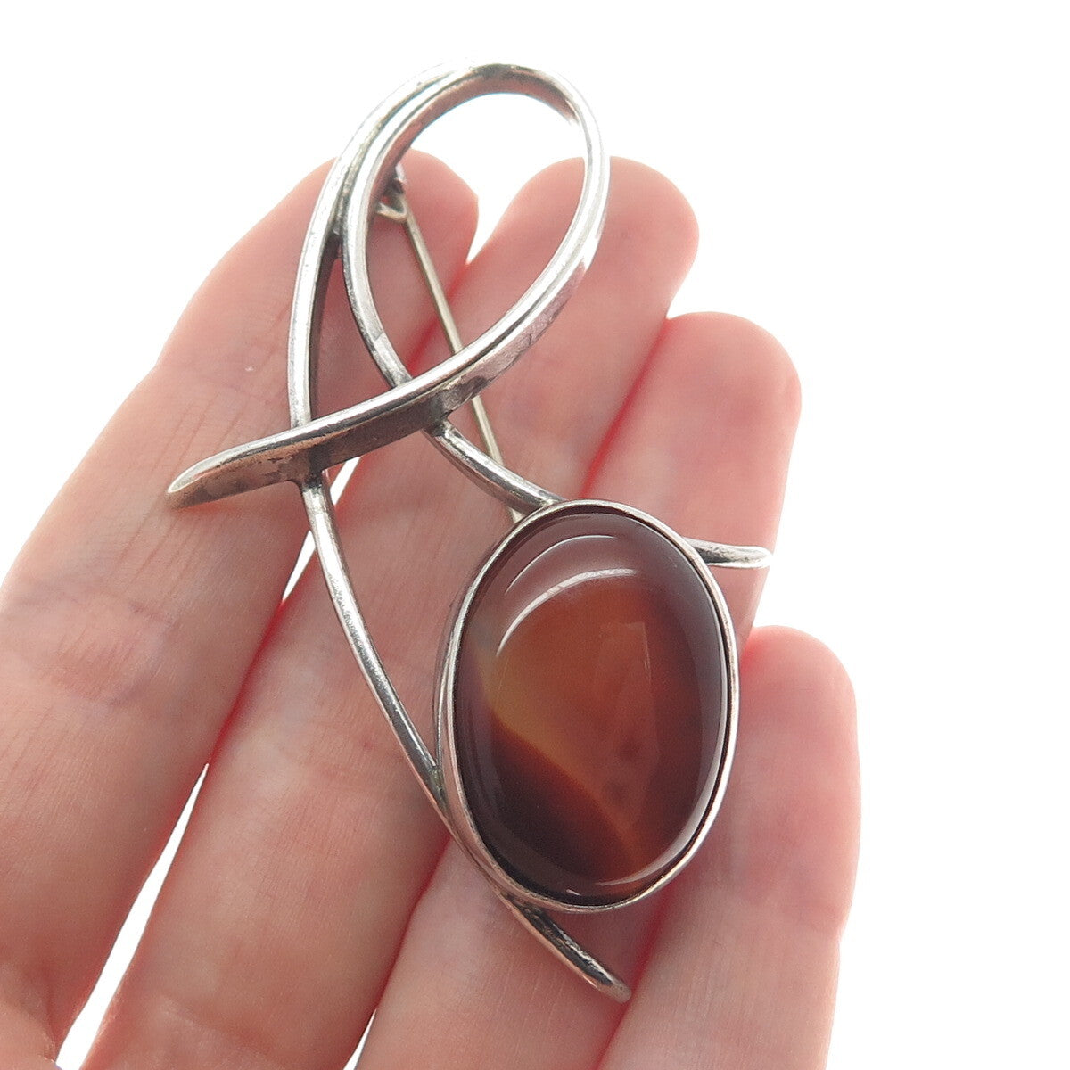 TEPPICH 925 Sterling Silver Vintage Israel Red Agate Gemstone Modernist Brooch