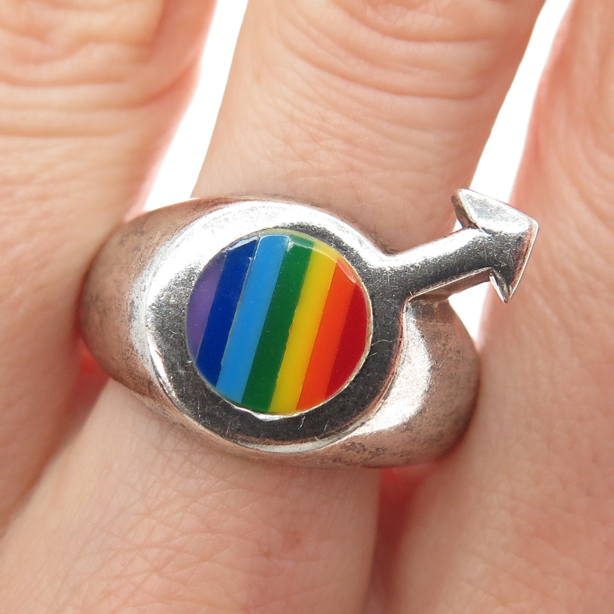 925 Sterling Silver Vintage Enamel Male Symbol Rainbow Ring Size 12.25