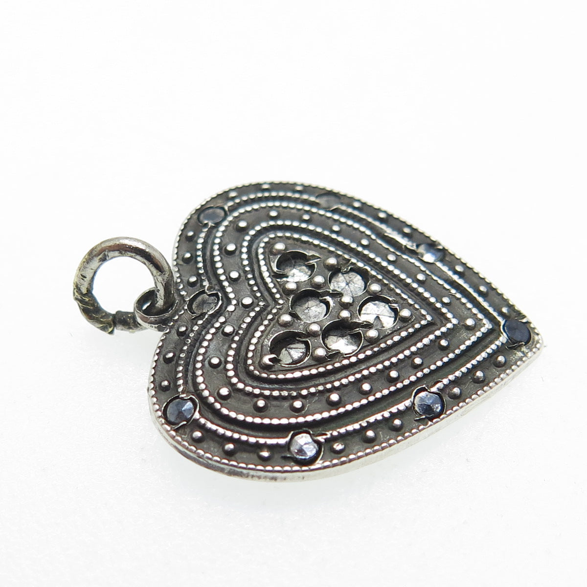 925 Sterling Silver Antique Art Deco Real Marcasite Heart Charm Pendant