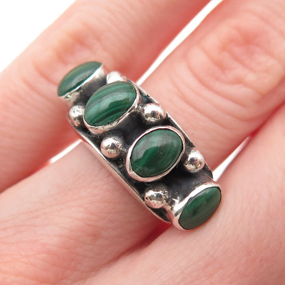 925 Sterling Silver Vintage Real Malachite Modernist Oxidized Ring Size 5.5