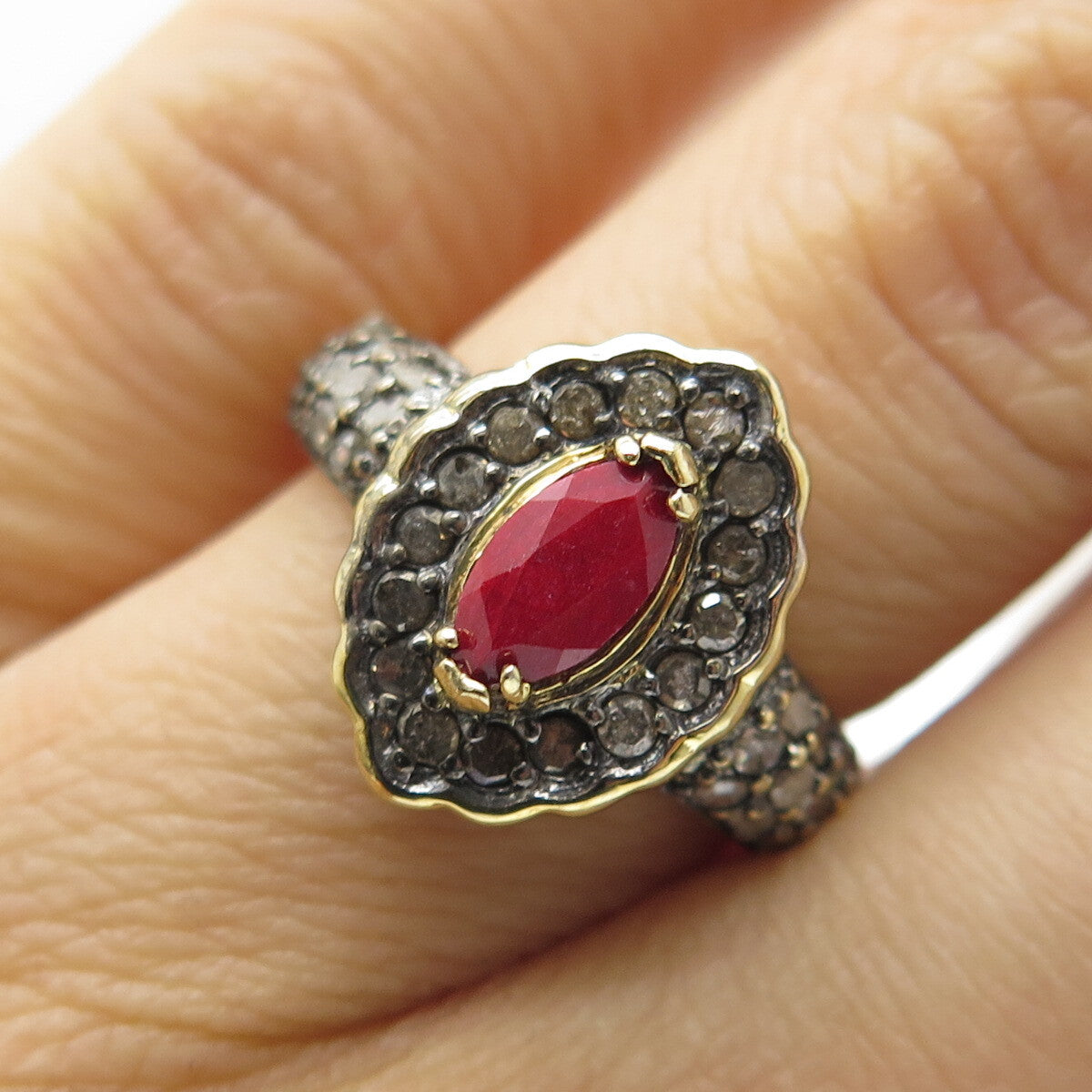 925 Sterling Silver Gold Plated Real Round-Cut Diamond & Ruby Ring Size 6.25
