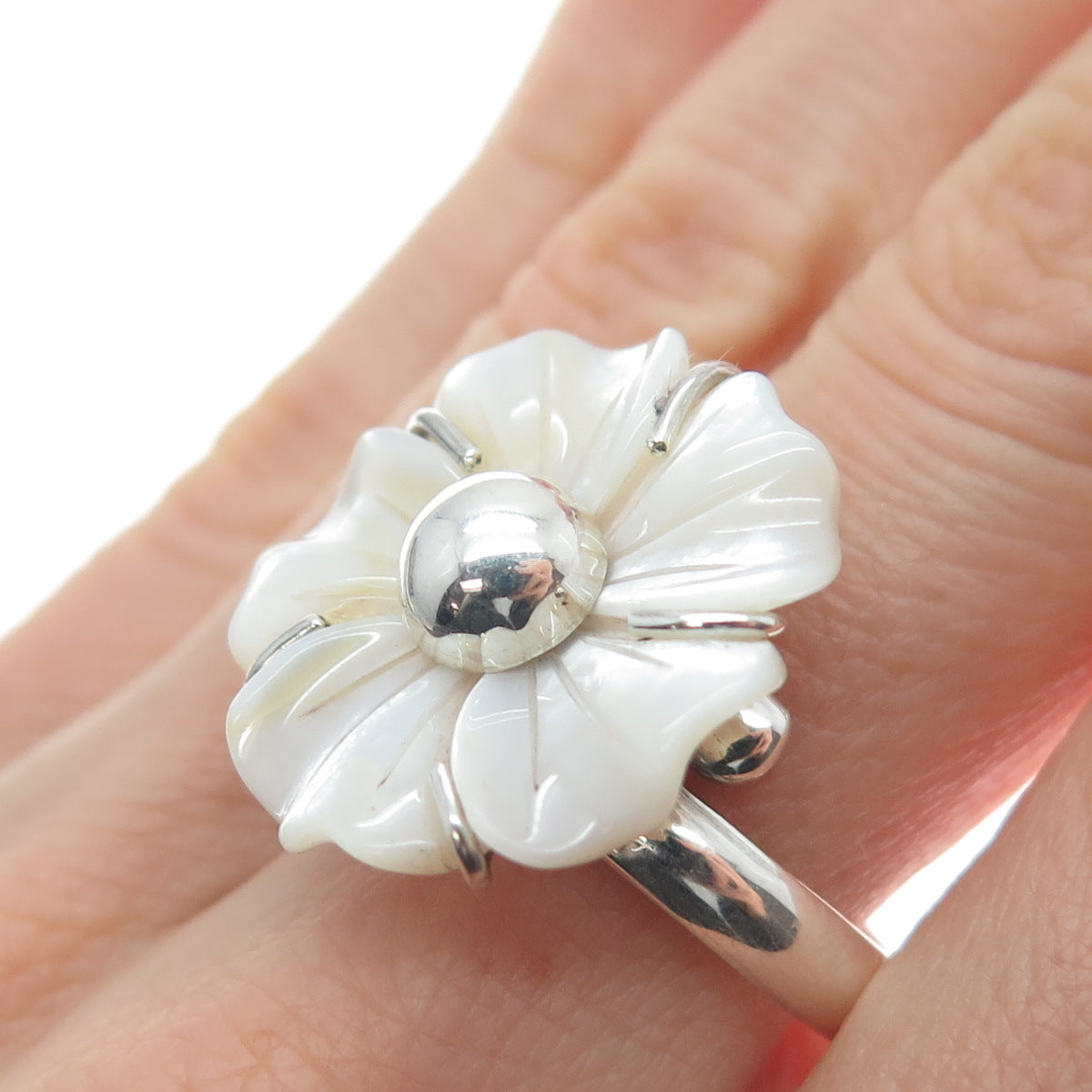 RIDER 950 Silver Vintage Real Carved MOP Flower Adjustable Ring Size 8.75