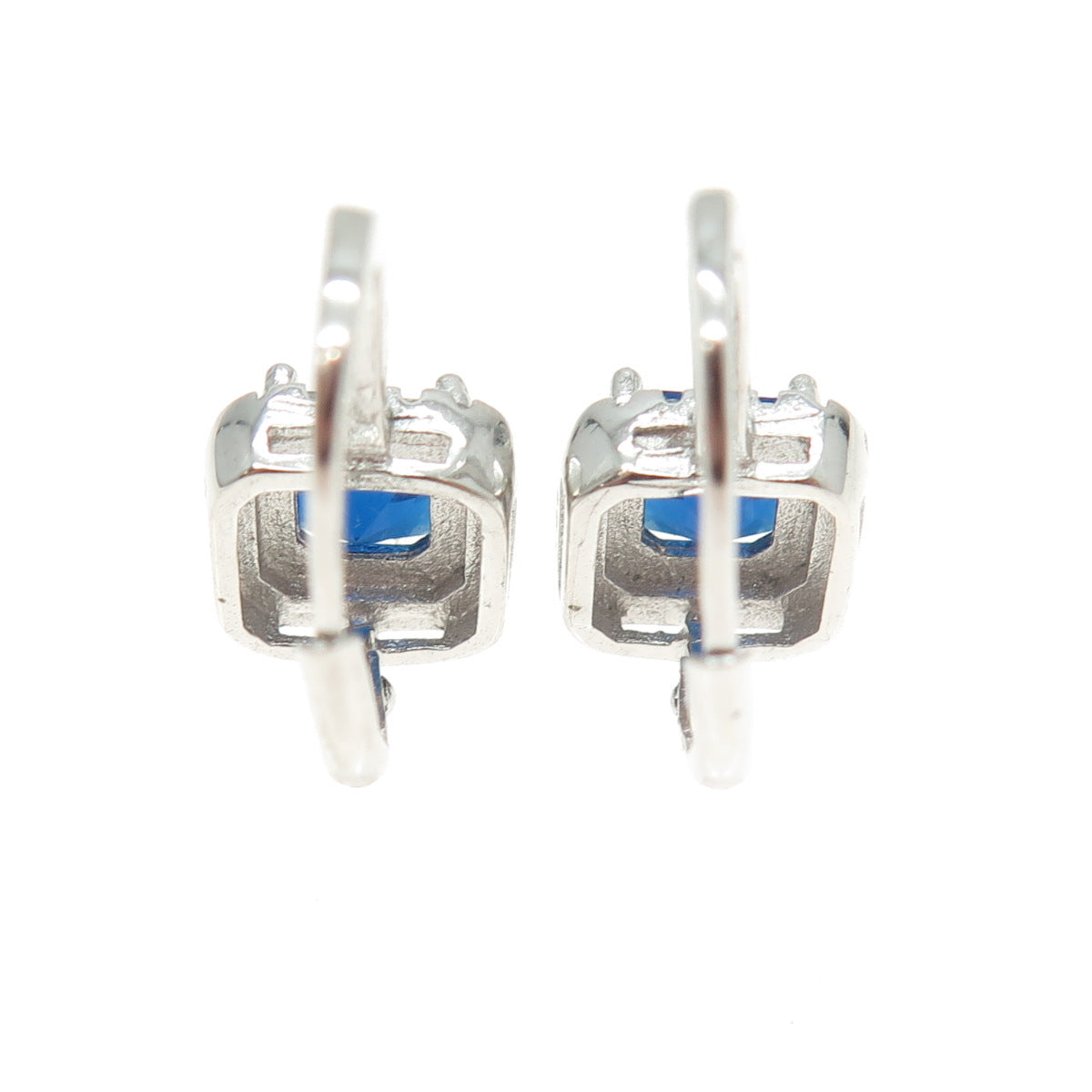 925 Sterling Silver Princess & Round-Cut Blue White C Z Cushion Earrings