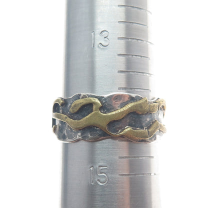 925 Sterling Silver 2-Tone Vintage Modernist Oxidized Band Ring Size 14.5