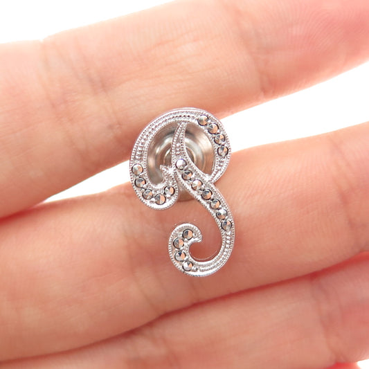 925 Sterling Silver Vintage Real Marcasite Letter P Initial Tie Tack / Lapel Pin