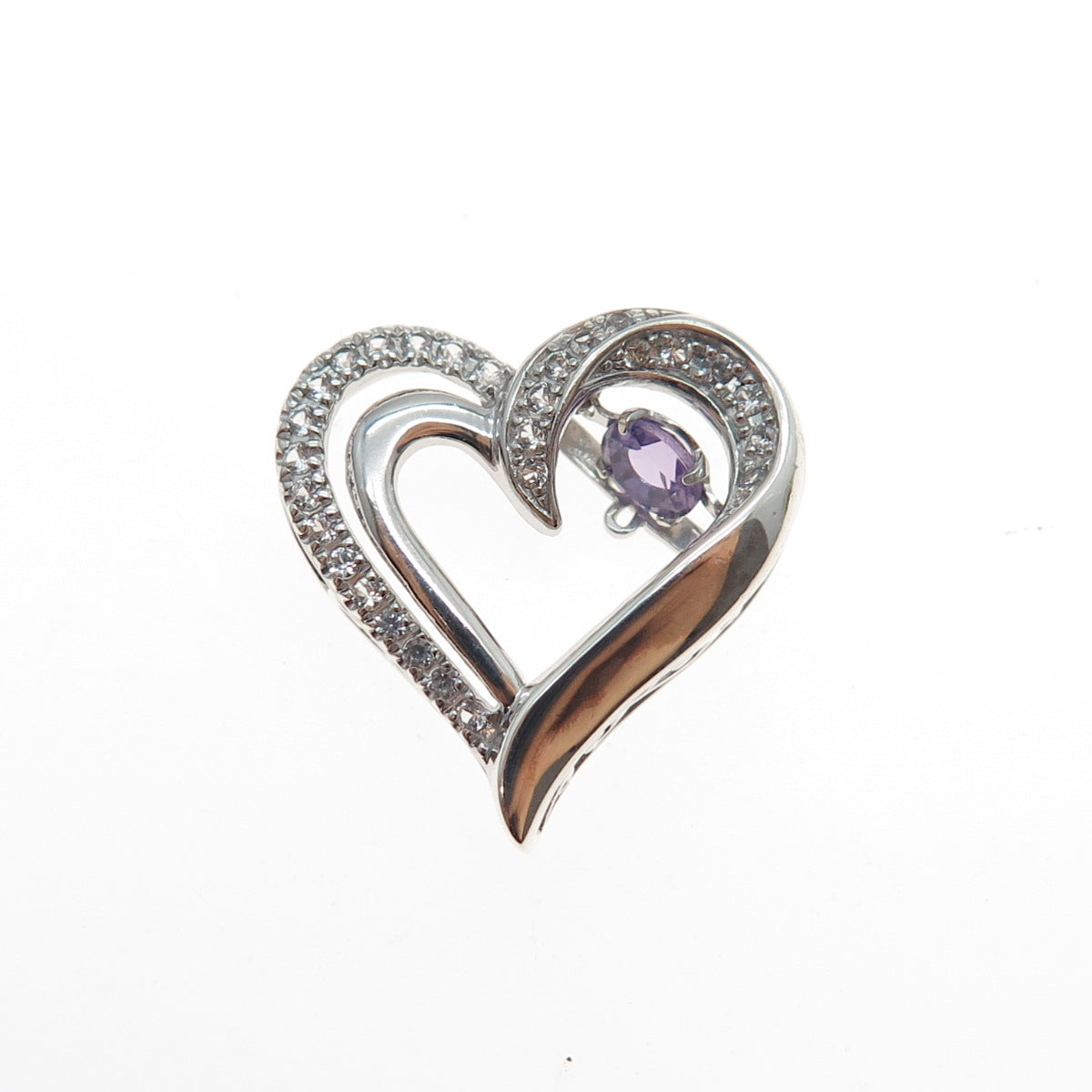 925 Sterling Silver Real Round-Cut Amethyst White Topaz Heart Mini Slide Pendant