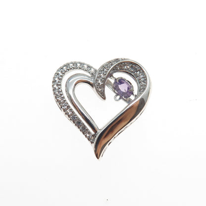 925 Sterling Silver Real Round-Cut Amethyst White Topaz Heart Mini Slide Pendant