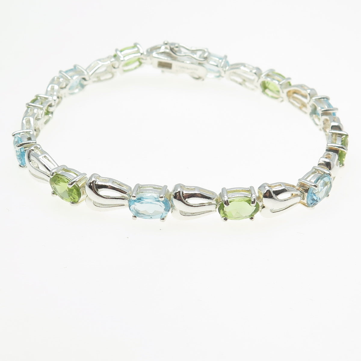 925 Sterling Silver Real Blue Topaz & Peridot Tennis Link Bracelet 7"