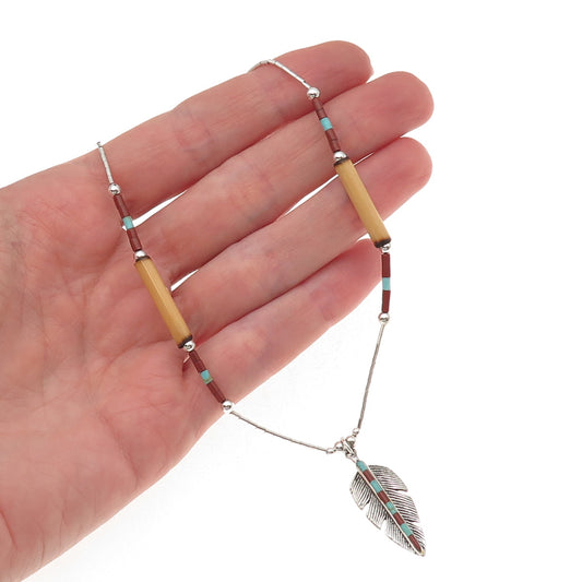 Sunrise Old Pawn 925 Sterling Vintage Turquoise Coral Feather Chain Necklace 20"