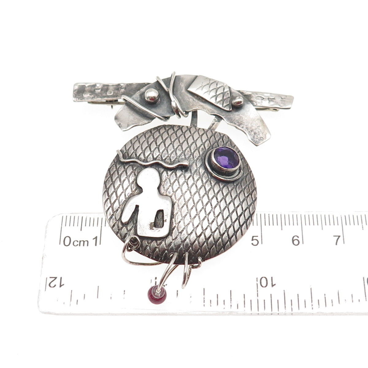 925 Sterling Silver Vintage Real Amethyst & Red Garnet Modernist Pin Brooch