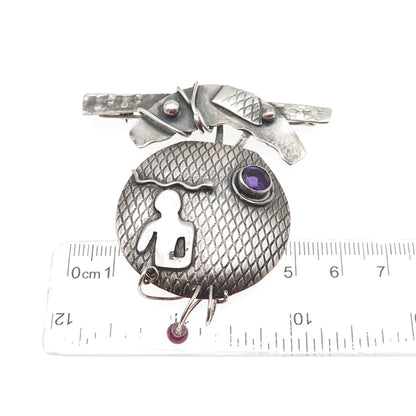 925 Sterling Silver Vintage Real Amethyst & Red Garnet Modernist Pin Brooch