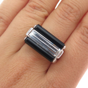 925 Sterling Silver Vintage Italy Real Black Onyx & C Z Modernist Ring Size 7.5