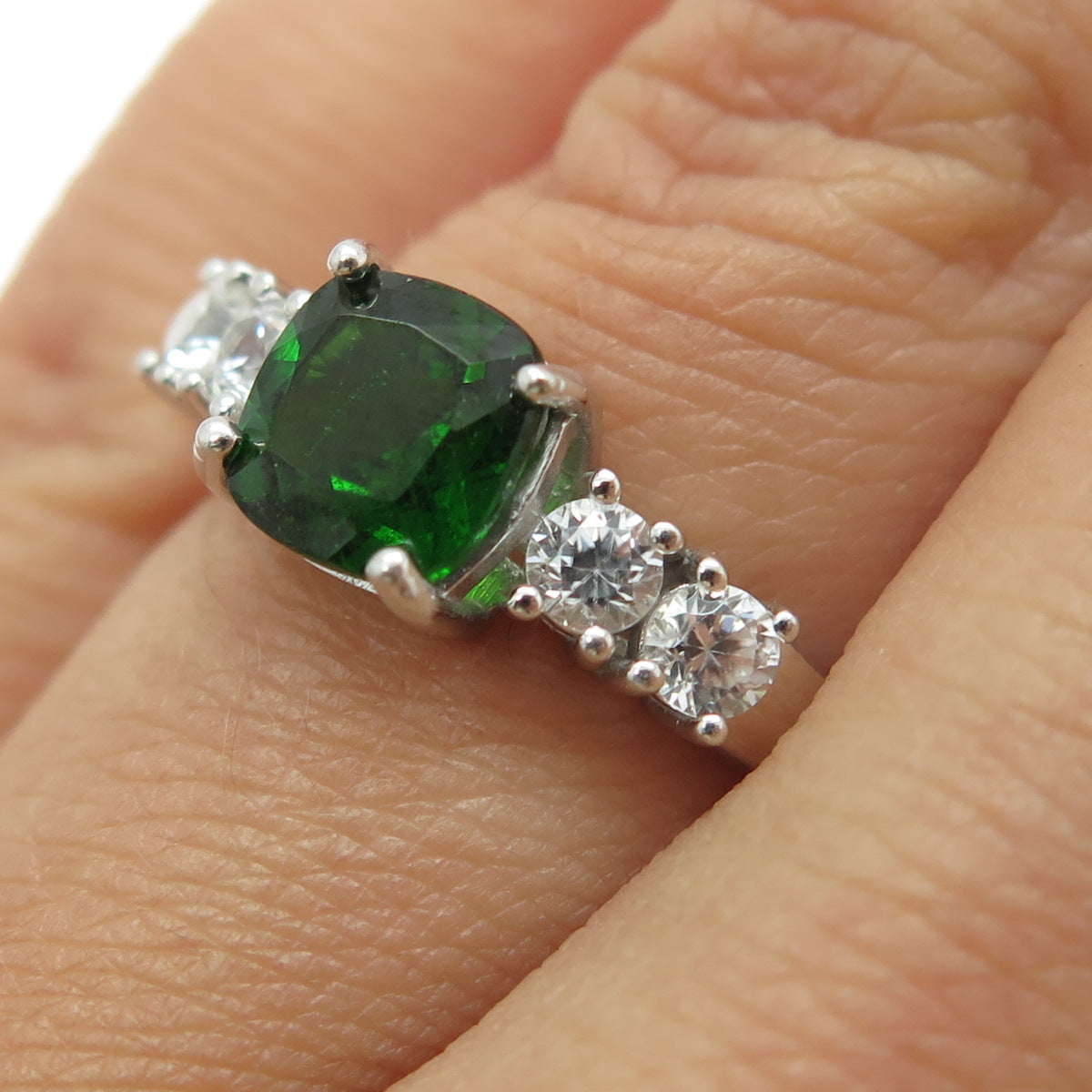 925 Sterling Silver Real Cushion-Cut Green Tourmaline White Topaz Ring Size 6.25