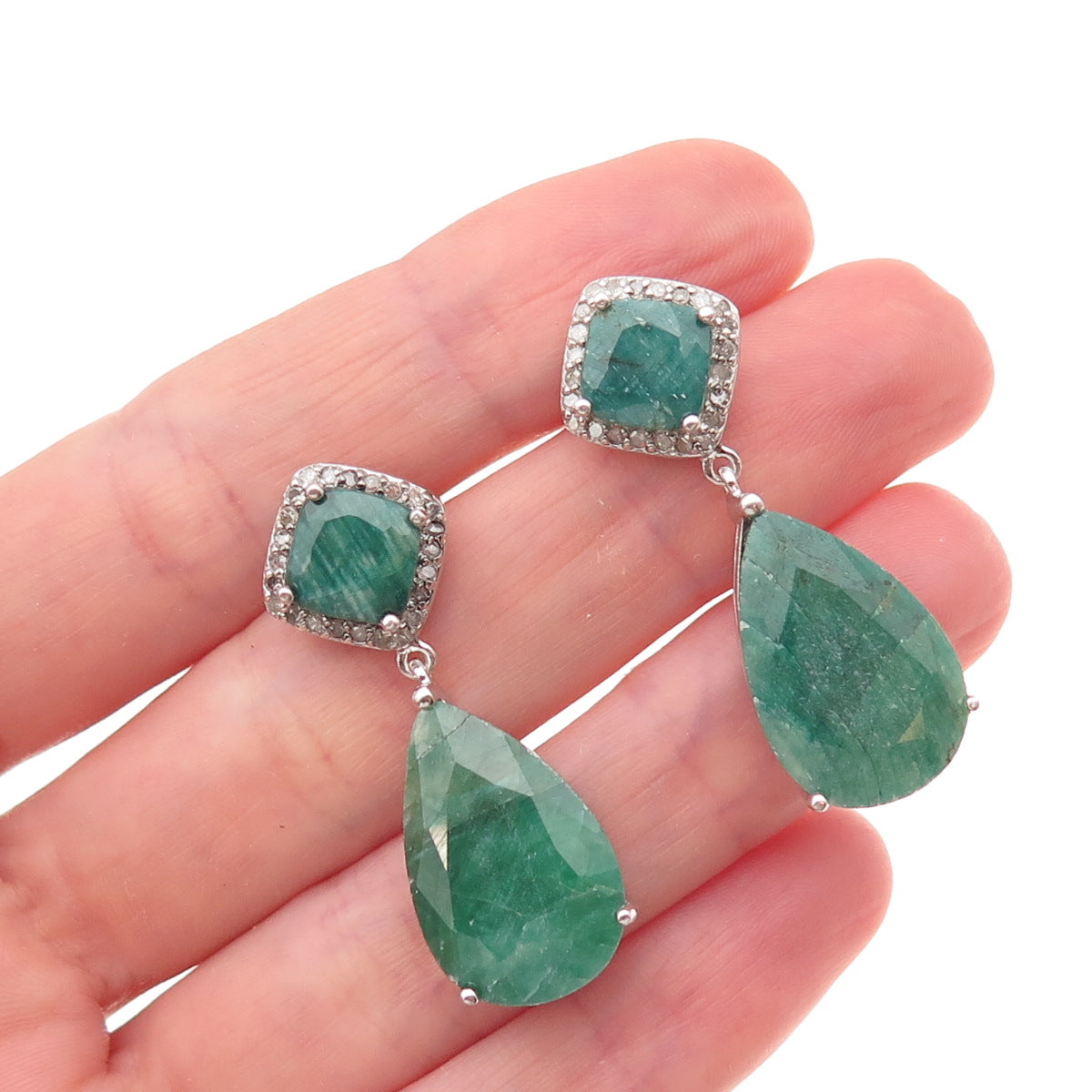 925 Sterling Silver Real Diamond & Emerald Teardrop Dangle Earrings