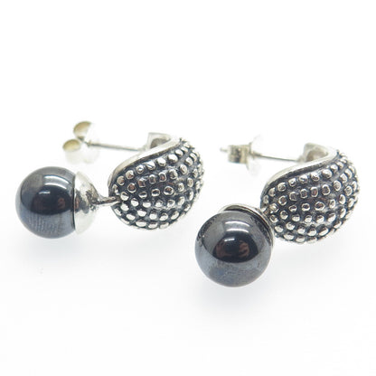 925 Sterling Silver Vintage Real Hematite Alligator Skin Oxidized Earrings