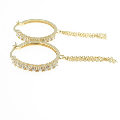 925 Sterling Silver Gold Plated Round-Cut C Z Tassel Hoop Earrings