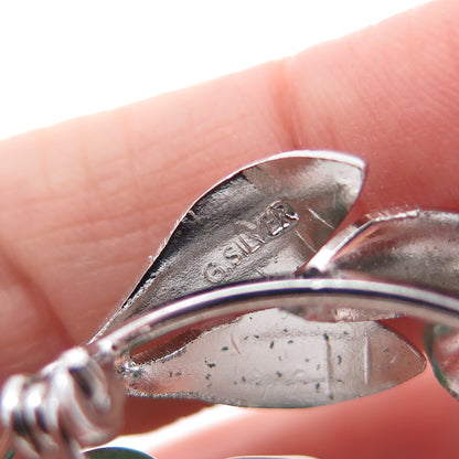 925 Sterling Silver Antique Art Deco Real Aventurine Floral Pin Brooch