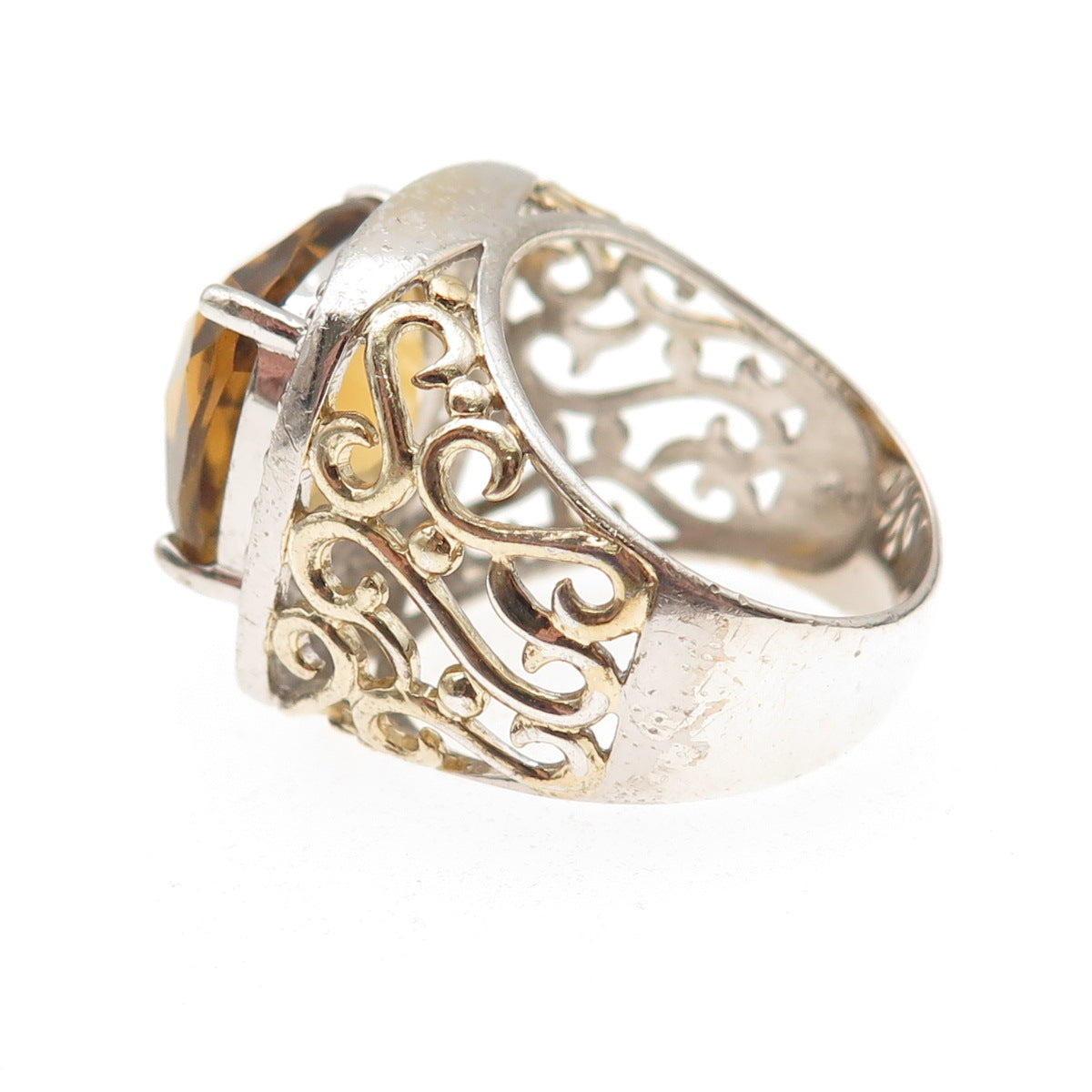 925 Sterling Silver 2-Tone Vintage Real Citrine & White Topaz Ring Size 7.25