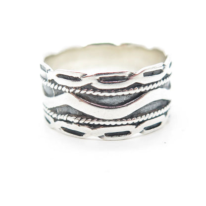 925 Sterling Silver Vintage MC Wavy Wide Band Ring Size 8