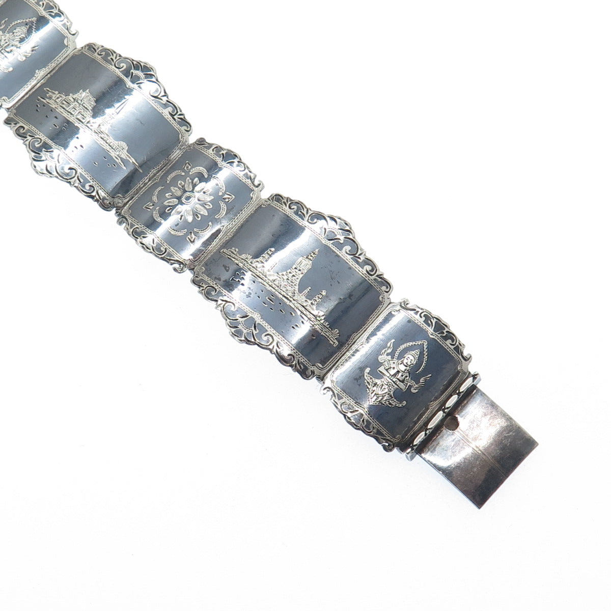 THAI NAKON 925 Sterling Silver Antique Siam Niello Hindu Oxidized Bracelet 7"