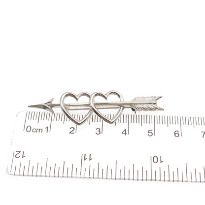 BEAU 925 Sterling Silver Antique Art Deco Couple Heart Arrow Pin Brooch
