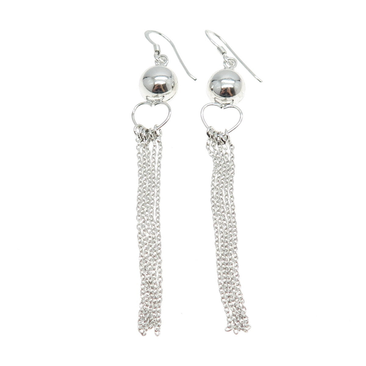 925 Sterling Silver Ball Heart Rolo Chain Hook Dangling Earrings