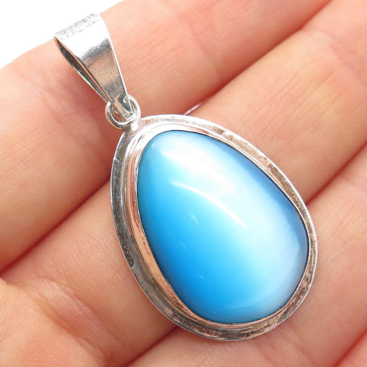 925 Sterling Silver Vintage Optic Fiber Blue Cat's Eye Teardrop Pendant