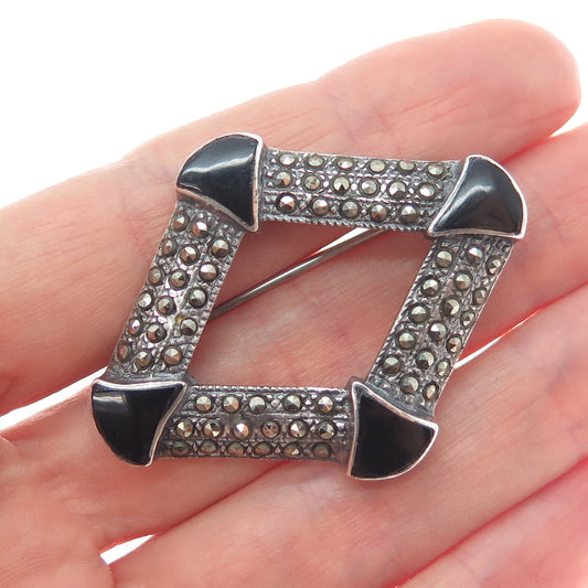 925 Sterling Silver Vintage Real Black Onyx Marcasite Art Deco Style Pin Brooch