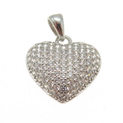 925 Sterling Silver Round-Cut C Z Sparkle Puffy Heart Pendant