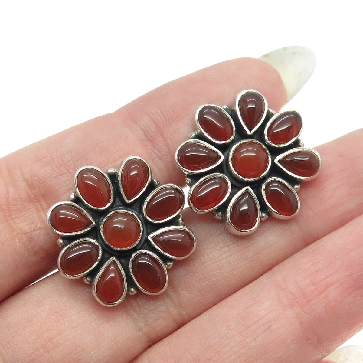 925 Sterling Silver Vintage Real Carnelian Gemstone Floral Earrings