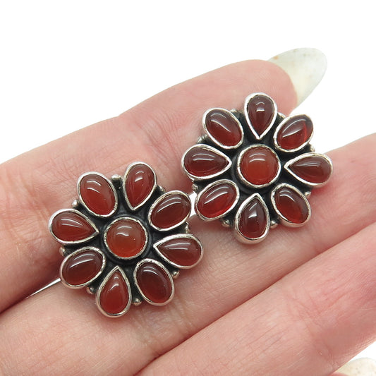 925 Sterling Silver Vintage Real Carnelian Gemstone Floral Earrings