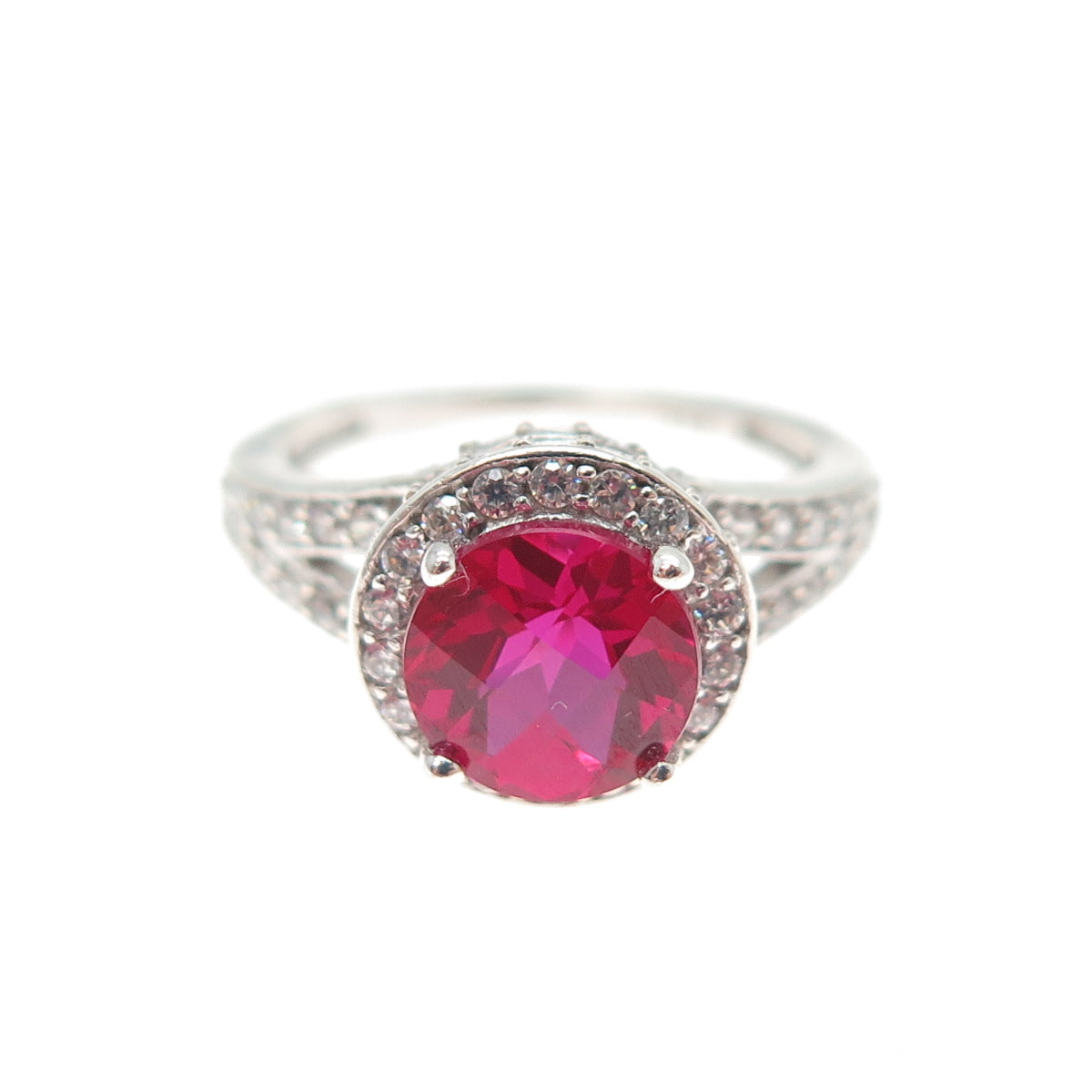 925 Sterling Silver Round-Cut Lab-Created Ruby & C Z Ring Size 5