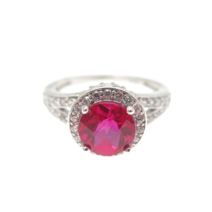925 Sterling Silver Round-Cut Lab-Created Ruby & C Z Ring Size 5