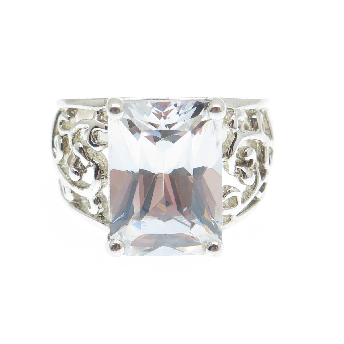 925 Sterling Silver Radiant-Cut C Z Ornate Ring Size 7