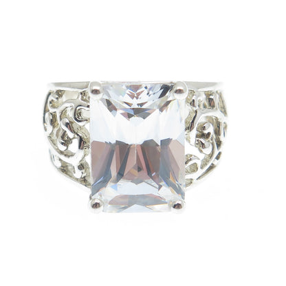 925 Sterling Silver Radiant-Cut C Z Ornate Ring Size 7
