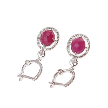 925 Sterling Silver Real Diamond & Ruby Dangle Earrings