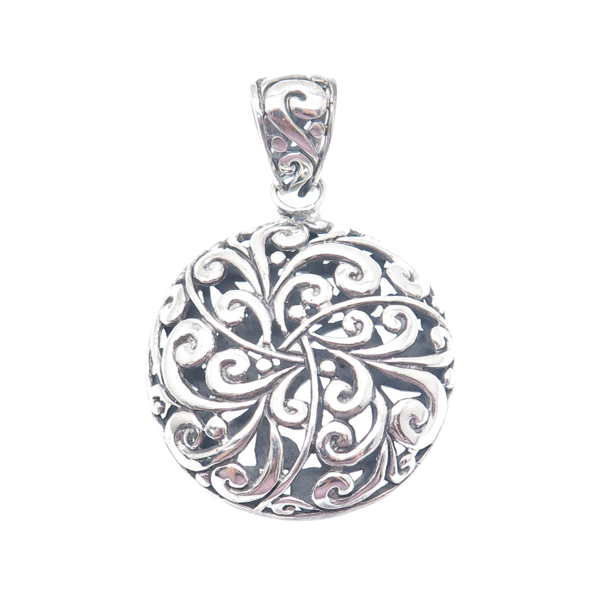 925 Sterling Silver Vintage Floral Ornate Oxidized Round Pendant