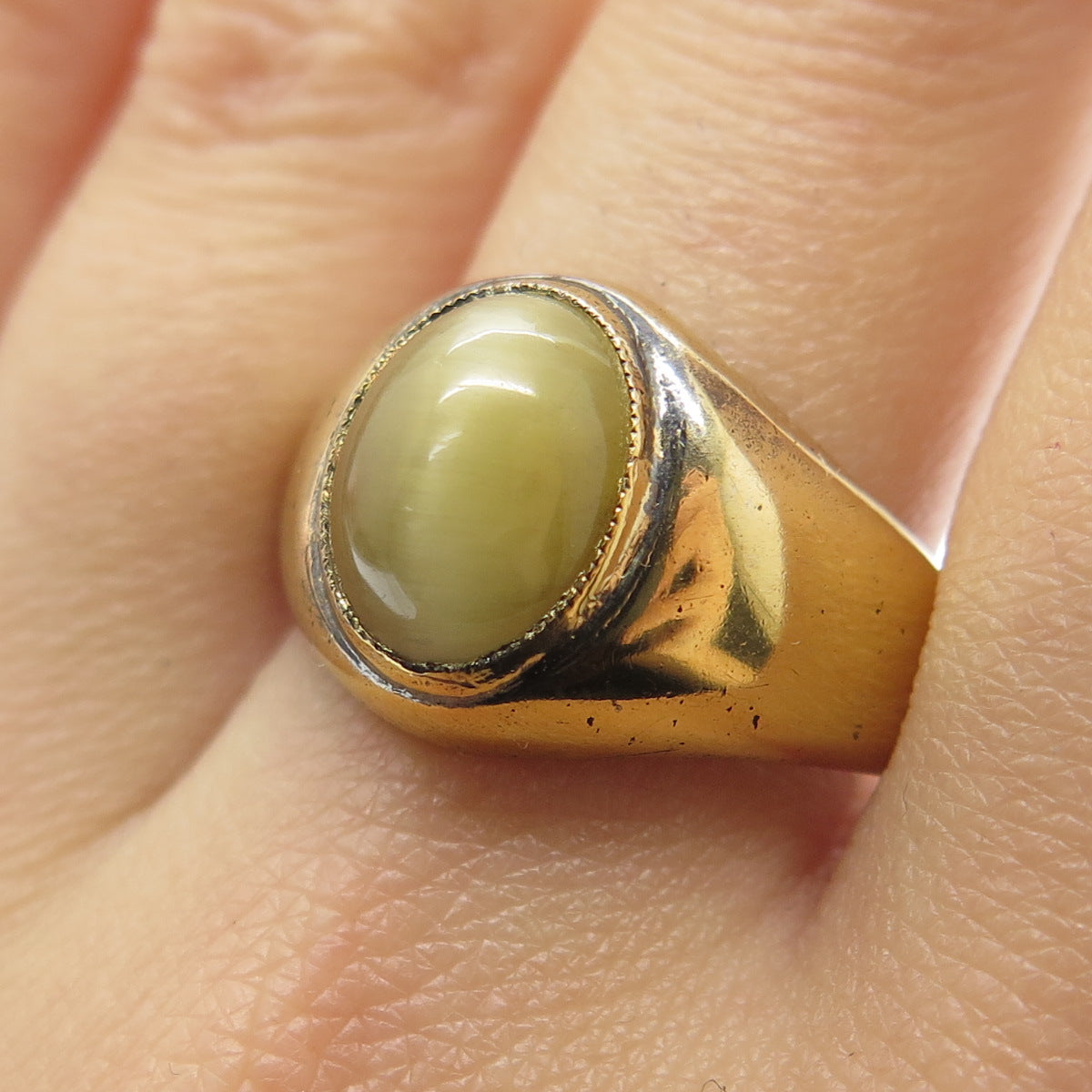 MCGRATH HAMIN 925 Sterling Silver Vintage Real Gold Cat's Eye Gem Ring Size 10