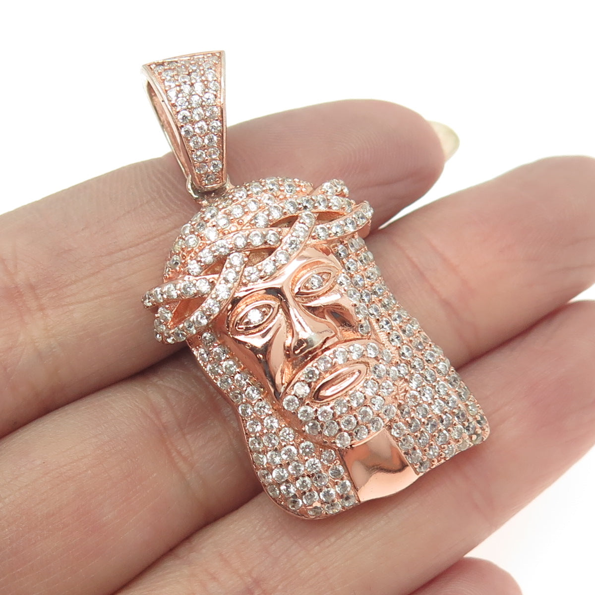 925 Sterling Silver Rose Gold Plated Pave C Z Jesus Religious Pendant