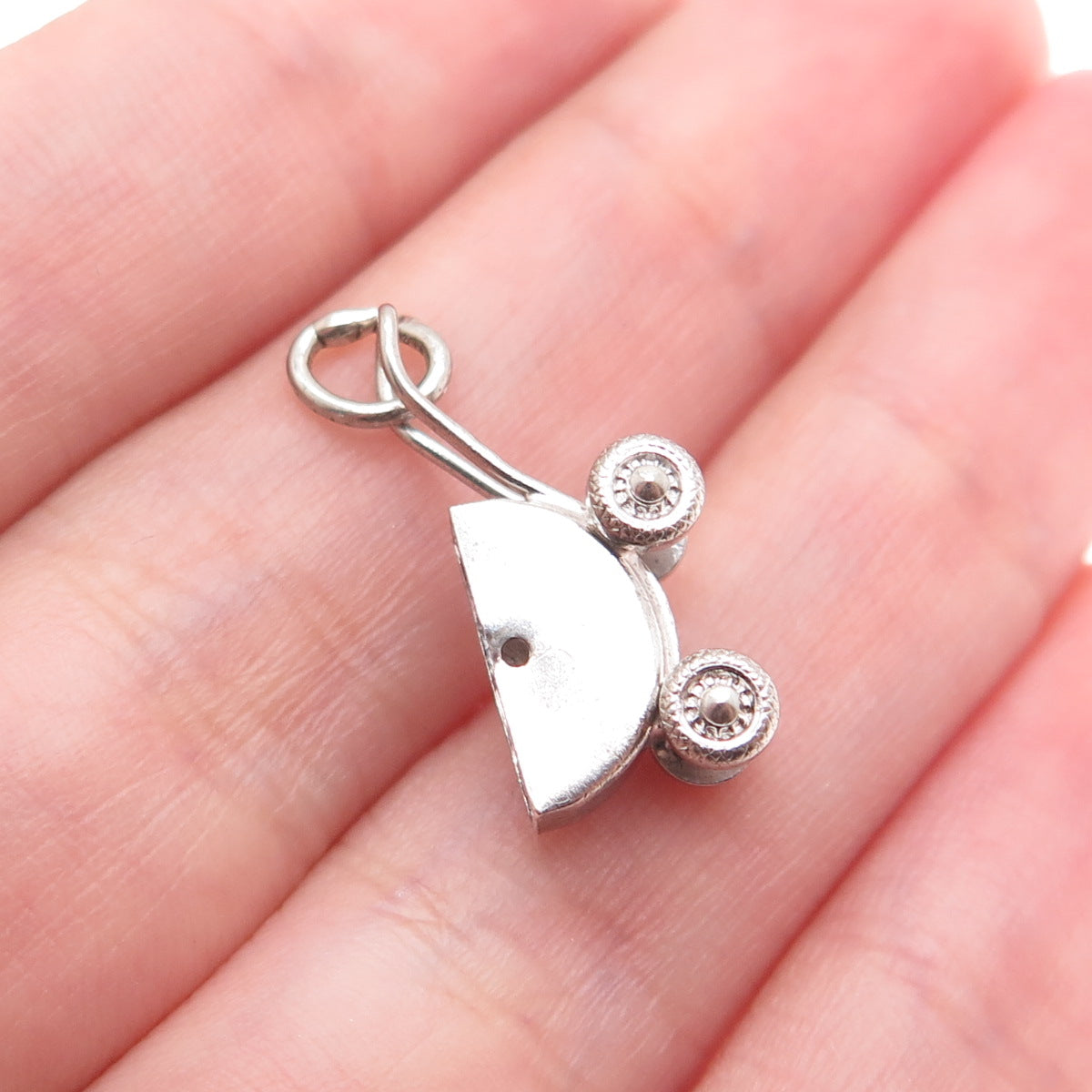 925 Sterling Silver Antique Art Deco Baby Stroller Minimalist 3D Charm Pendant